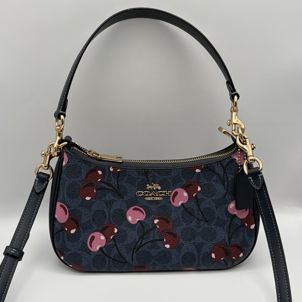 Coach Navy Shoulder Bag with Pink & Burgundy Cherry Print Crossbody Strap